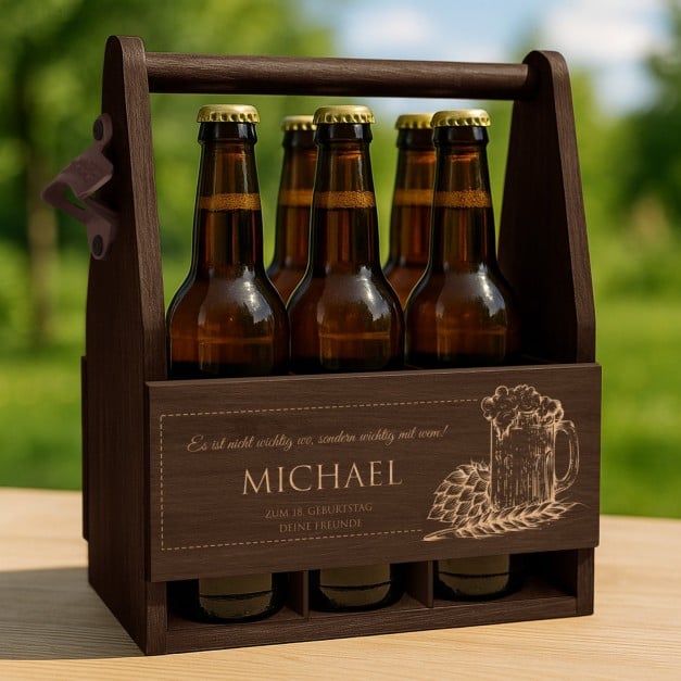 Bierträger aus Holz mit Flaschenöffner und Gravur für Ihren Freund, Kollegen zum 18. Geburtstag
