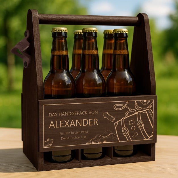 Bierträger aus Holz mit Flaschenöffner und Gravur für Ihren Papa