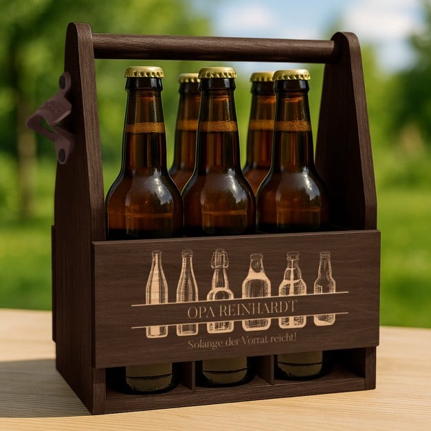 Bierträger aus Holz mit Flaschenöffner und Gravur für Ihren Opa