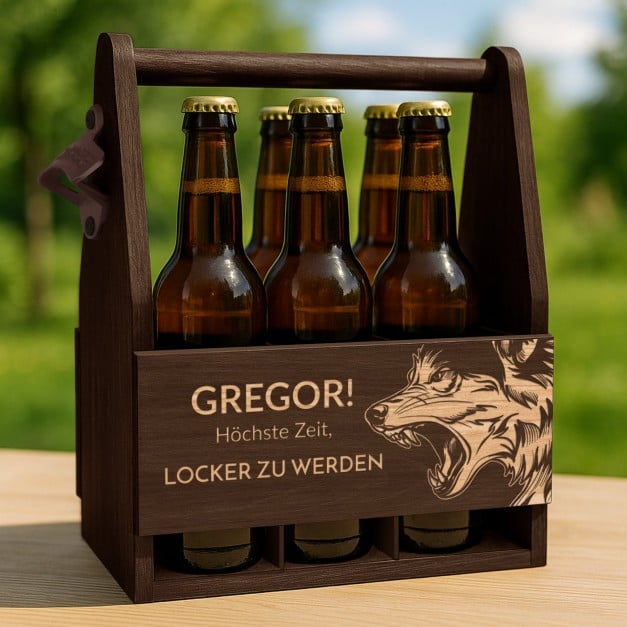 Bierträger aus Holz mit Flaschenöffner und Gravur für ihn zum Geburtstag Wolf