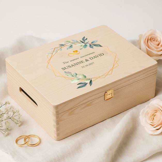 XL Kreative Erinnerungsbox aus Kiefernholz mit Aufruck für ein Hochzeitspaar