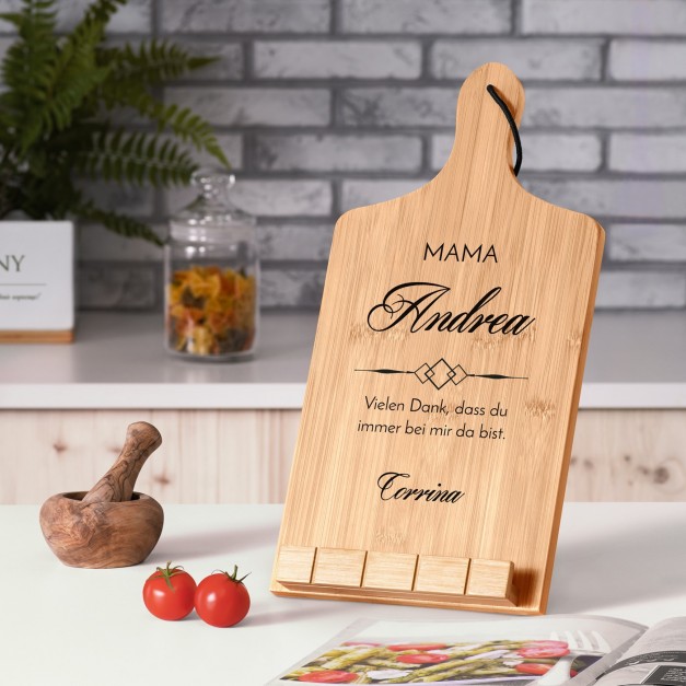 Buchständer in Form eines Küchenbretts mit Aufdruck für die weltbeste Mama