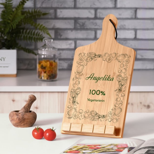 Buchständer in Form eines Küchenbretts mit Aufdruck für eine Vegetarierin