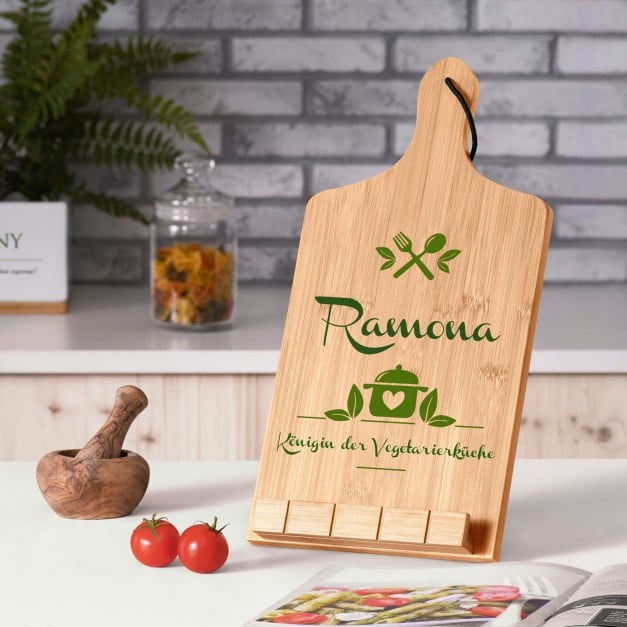 Buchständer in Form eines Küchenbretts mit Aufdruck für eine Vegetarierin