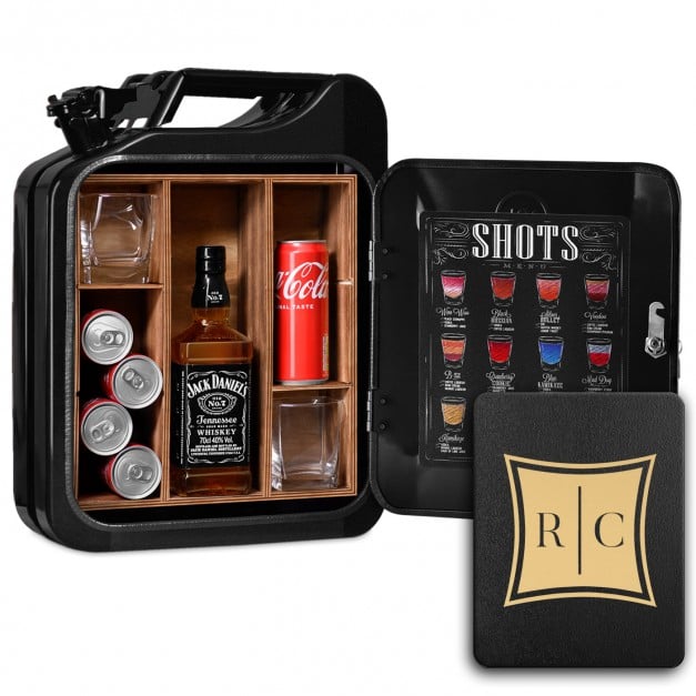 Schwarzer Minibar-Kanister mit Gravur für ein Paar