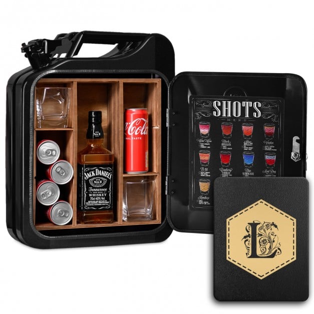 Schwarzer Minibar-Kanister mit Gravur und Initiale