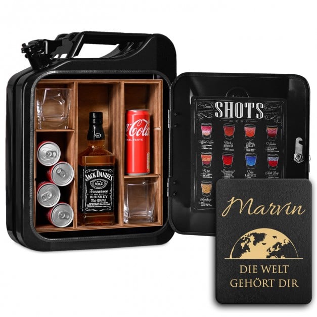 Schwarzer Minibar-Kanister mit Gravur für einen Globetrotter zum Geburtstag 18. Geburstag zur Beförderung