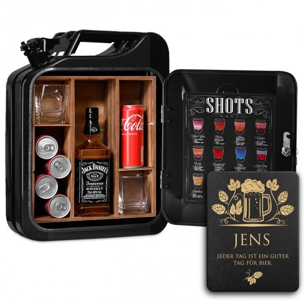 Schwarzer Minibar-Kanister mit Gravur für einen Biertrinker zum Geburtstag