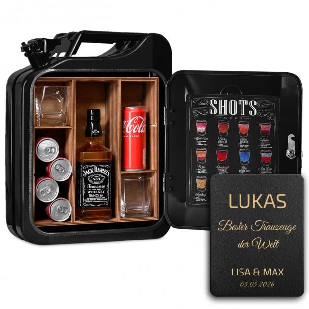 Schwarzer Minibar-Kanister mit Gravur für Ihren Trauzeugen Freund als Dankeschön