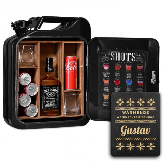 Schwarzer Minibar-Kanister mit Gravur für ihn zu Weihnachten