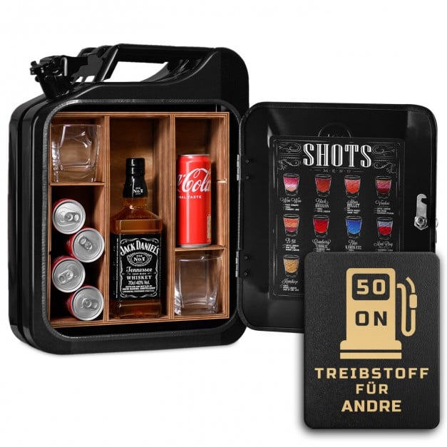 Schwarzer Minibar-Kanister mit Gravur für ihn zum 50. Geburtstag Treibstoff