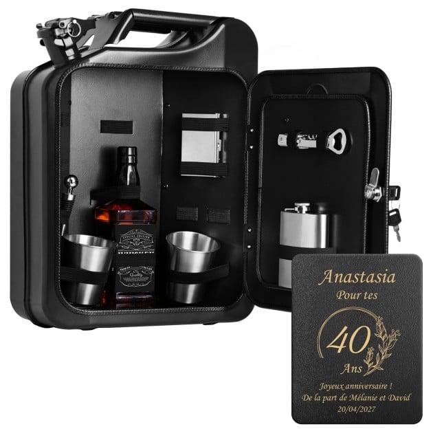 Schwarzer Minibar-Kanister mit Ausrüstung und Gravur für sie zum 40. Geburtstag