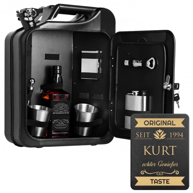 Schwarzer Minibar-Kanister mit Ausrüstung und Gravur für einen Genießer zum Geburtstag