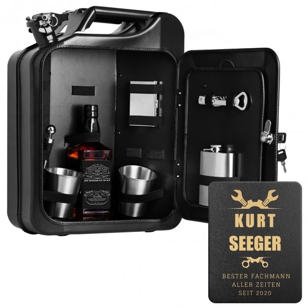 Schwarzer Minibar-Kanister mit Ausrüstung und Gravur für einen Mechaniker zum Geburtstag