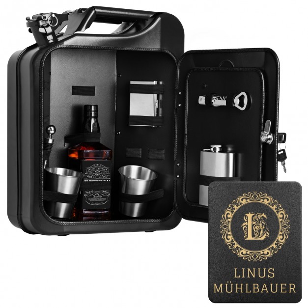 Schwarzer Minibar-Kanister mit Ausrüstung und Gravur für ihn zum Geburtstag