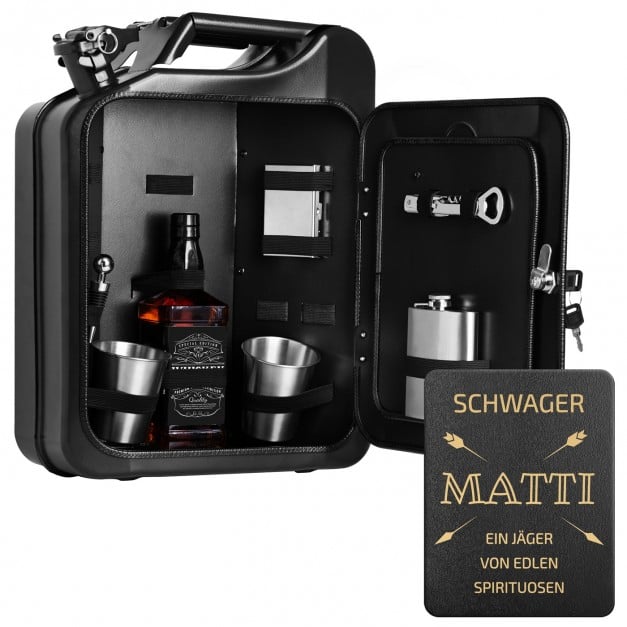 Schwarzer Minibar-Kanister mit Ausrüstung und Gravur für Ihren Schwager zum Geburtstag