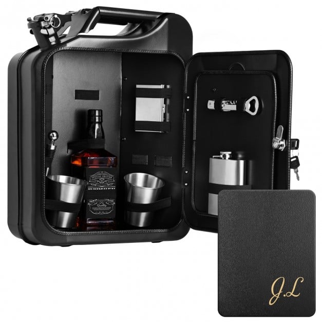 Schwarzer Minibar-Kanister mit Ausrüstung und Gravur für einen Gentelman