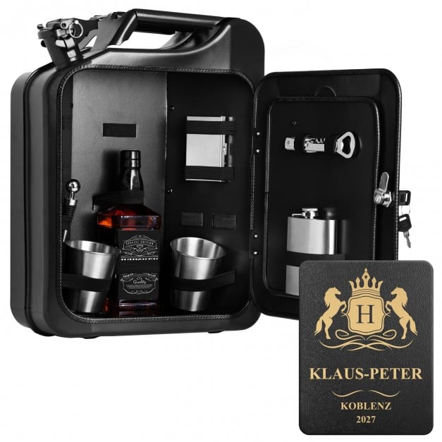 Schwarzer Minibar-Kanister mit Ausrüstung und Gravur für ihn