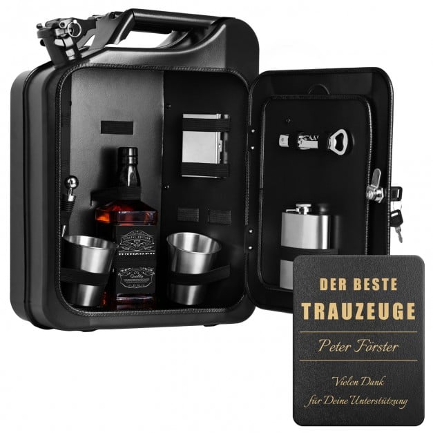 Schwarzer Minibar-Kanister mit Ausrüstung und Gravur für Ihren Trauzeugen als Dankeschön