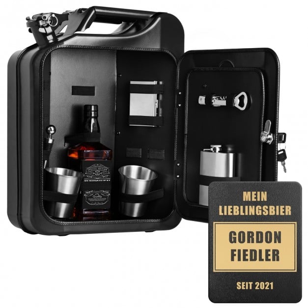 Schwarzer Minibar-Kanister mit Ausrüstung und Gravur für Ihren Bruder zum Geburtstag