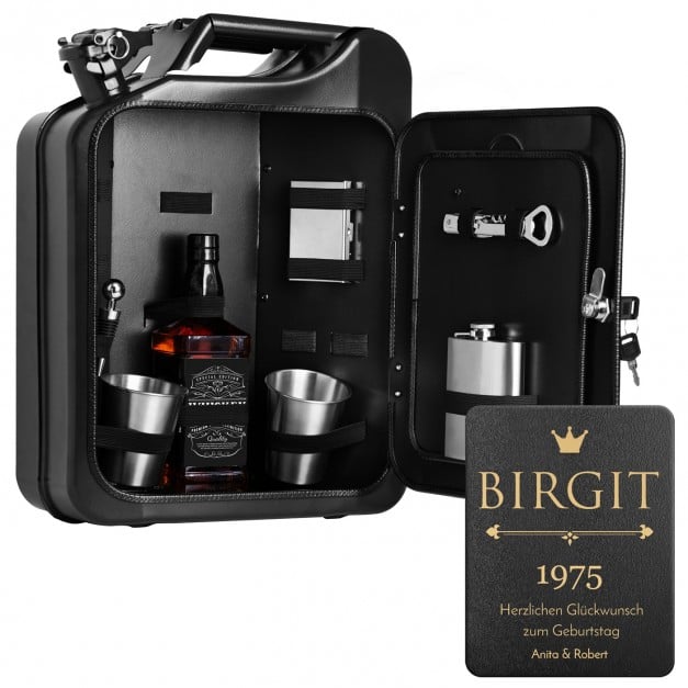 Schwarzer Minibar-Kanister mit Ausrüstung und Gravur für sie zum Geburtstag