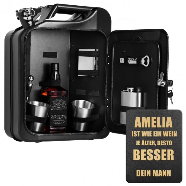 Schwarzer Minibar-Kanister mit Ausrüstung und Gravur für Ihre Geliebte