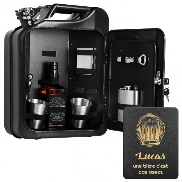 Schwarzer Minibar-Kanister mit Ausrüstung und Gravur für einen Bierconnoisseur zum Ehrentag