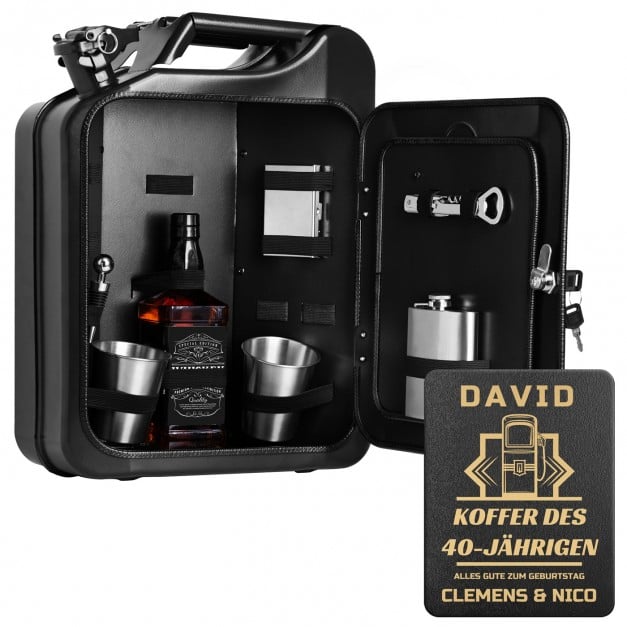 Schwarzer Minibar-Kanister mit Ausrüstung und Gravur für einen Whiskyfan zum 40. Geburtstag