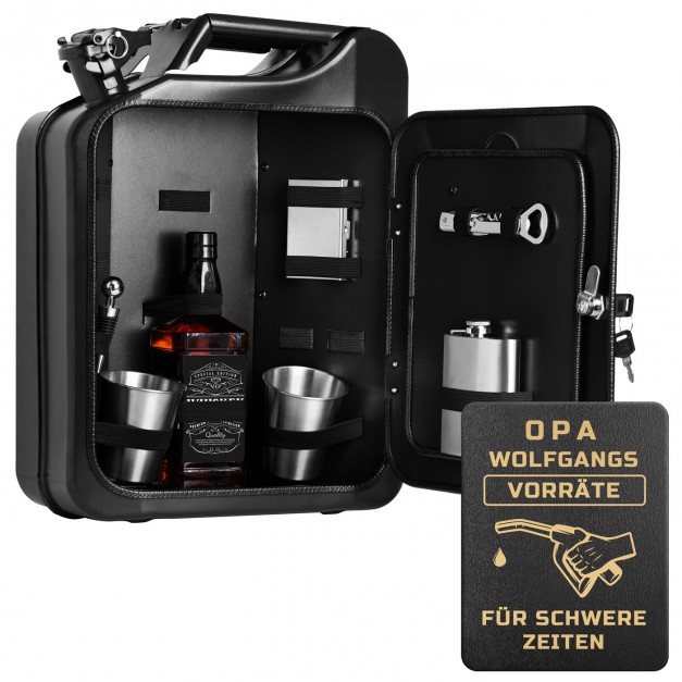 Schwarzer Minibar-Kanister mit Ausrüstung und Gravur für Ihren Großvater zum Geburtstag, Opatag