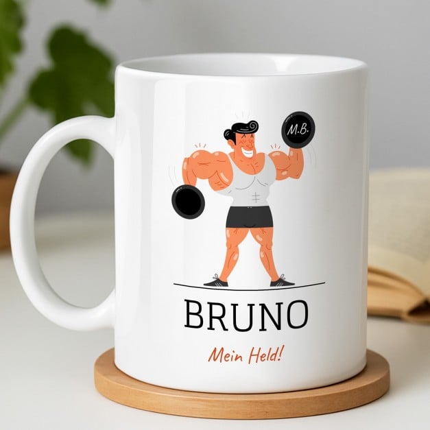 Kaffeebecher mit Aufdruck Weiß/Glänzend für einen echten Kraftprotz zum Valentinstag, Geburtstag