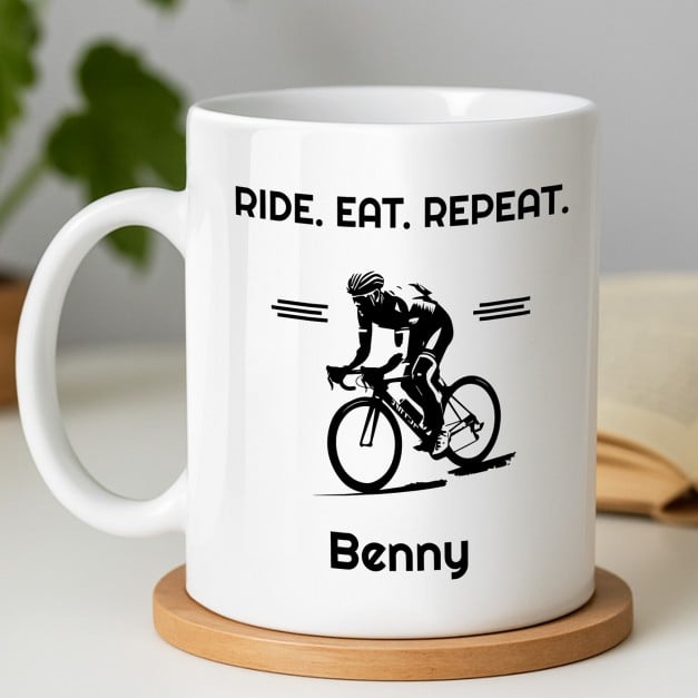 Kaffeebecher mit Aufdruck Weiß/Glänzend für einen Radfahrer zum Geburtstag