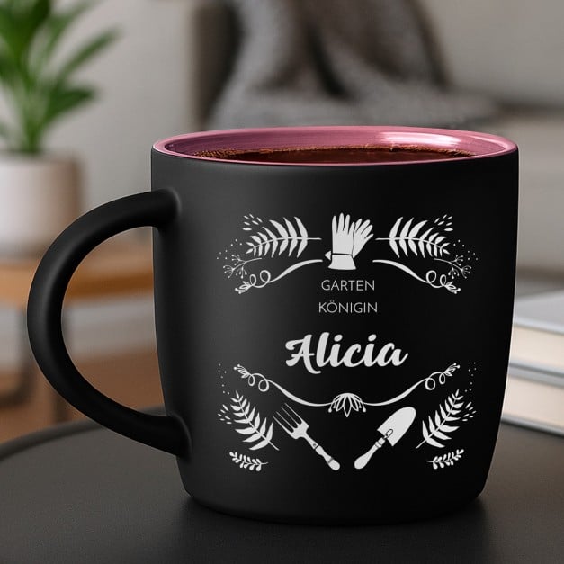 Keramikbecher mit Gravur Schwarz/Matt und Pink für Ihre Mama Meistergärtnerin