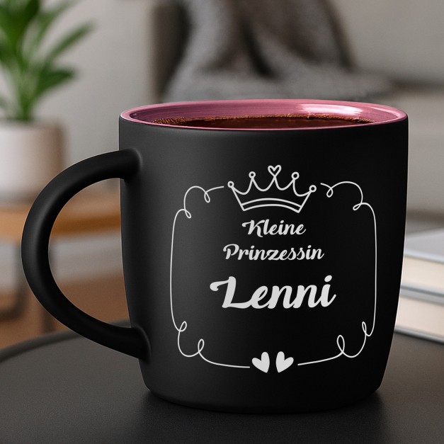 Keramikbecher mit Gravur Schwarz/Matt und Pink für ein Mädchen zum Geburtstag