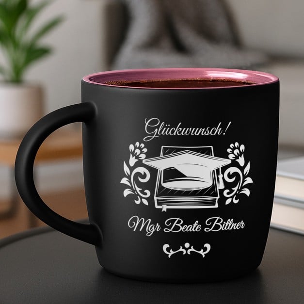 Keramikbecher mit Gravur Schwarz/Matt und Pink für sie zum Studienabschluss