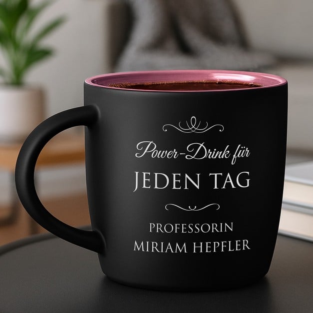Keramikbecher mit Gravur Schwarz/Matt und Pink für eine Professorin