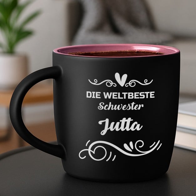 Keramikbecher mit Gravur Schwarz/Matt und Pink für Ihre Schwester zum Geburtstag