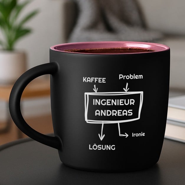Keramikbecher mit Gravur Schwarz/Matt und Pink für eine Ingenieurin