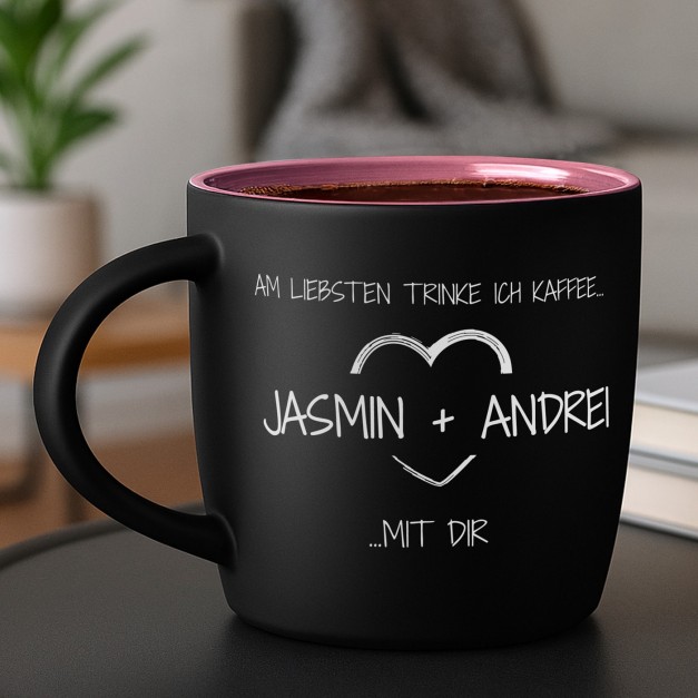 Keramikbecher mit Gravur Schwarz/Matt und Pink für sie und ihn zum Jahrestag, Jubiläum