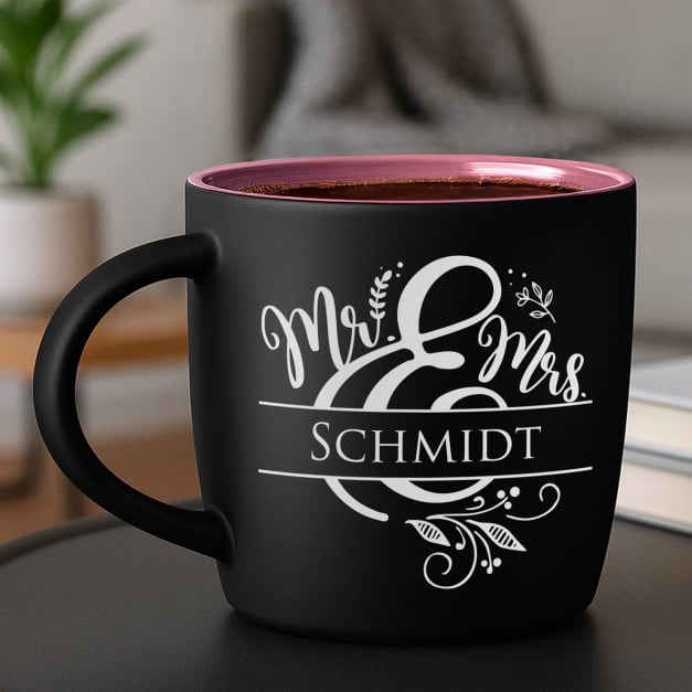 Keramikbecher mit Gravur Schwarz/Matt und Pink für sie oder ihn zum Hochzeitstag