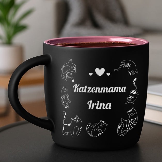 Keramikbecher mit Gravur Schwarz/Matt und Pink für eine Katzenliebhaberin zum Geburtstag