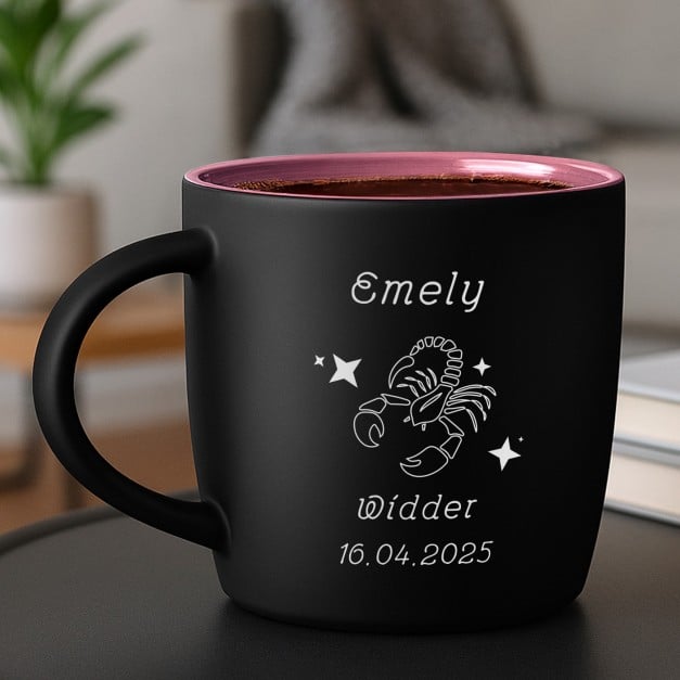 Keramikbecher mit Gravur Schwarz/Matt und Pink für sie zum Geburtstag mit Sternzeichen