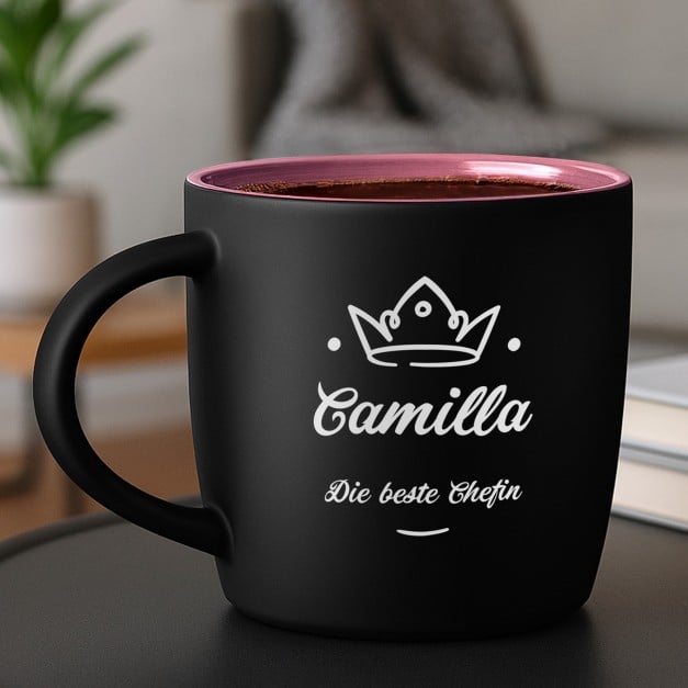 Keramikbecher mit Gravur Schwarz/Matt und Pink für Ihre Leiterin