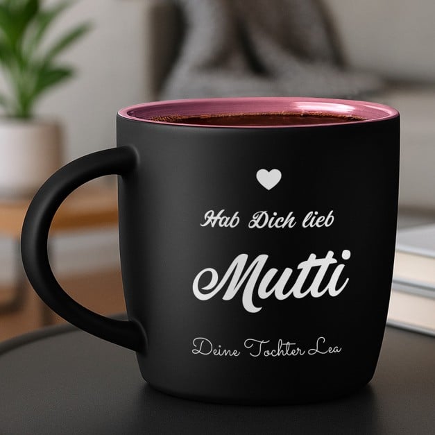 Keramikbecher mit Gravur Schwarz/Matt und Pink für sie Ihre Mama