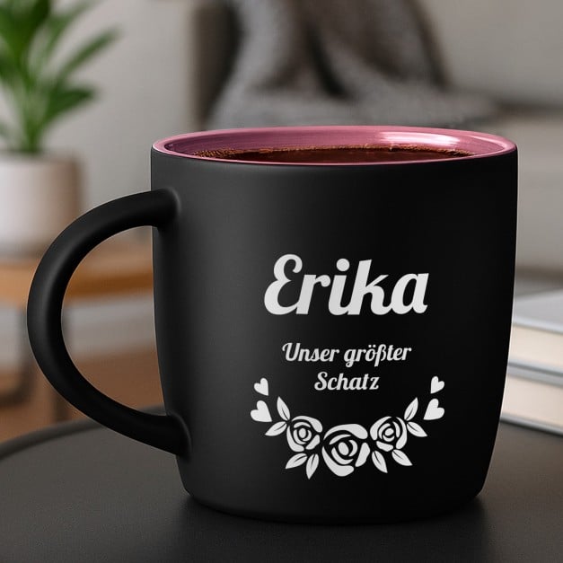 Keramikbecher mit Gravur Schwarz/Matt und Pink für Ihre Mutter mit Namen