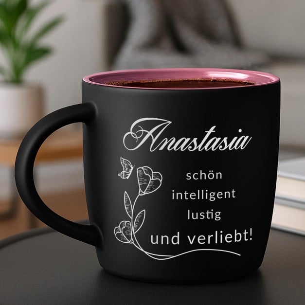 Keramikbecher mit Gravur Schwarz/Matt und Pink für Ihre Ehefrau Freundin zum Jubiläum Geburtstag