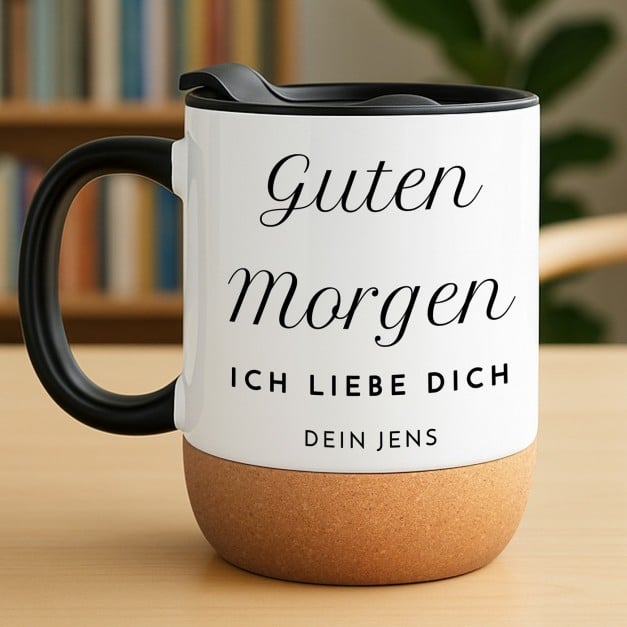 Kaffeebecher mit Aufdruck Weiß/Glänzend mit Korkboden für sie