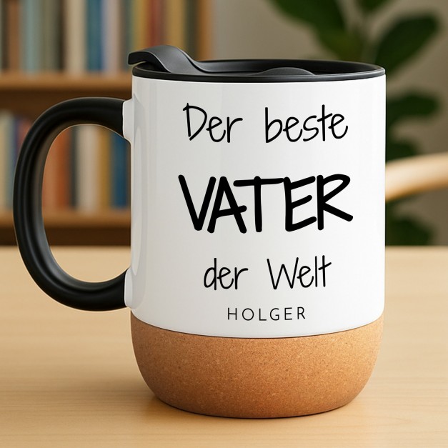 Kaffeebecher mit Aufdruck Weiß/Glänzend mit Korkboden für Ihren Papa zum Geburtstag