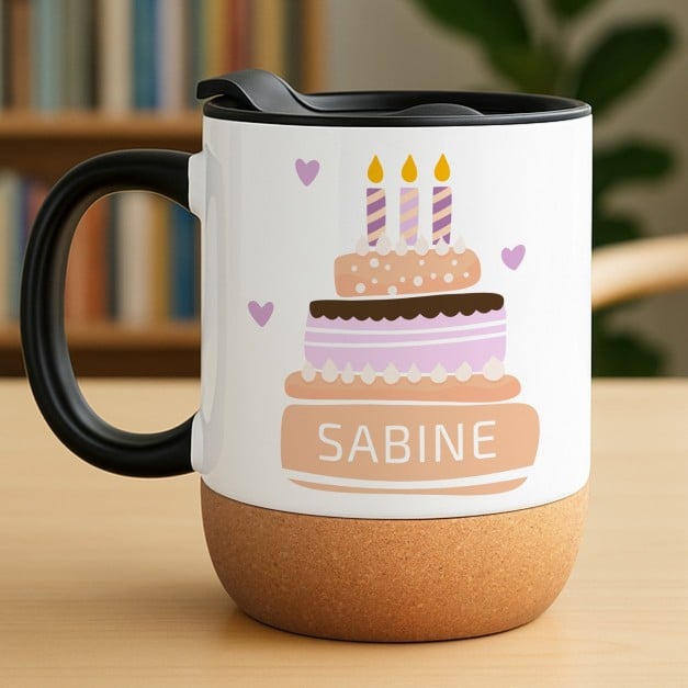 Kaffeebecher mit Aufdruck Weiß/Glänzend mit Korkboden für sie zum Geburtstag