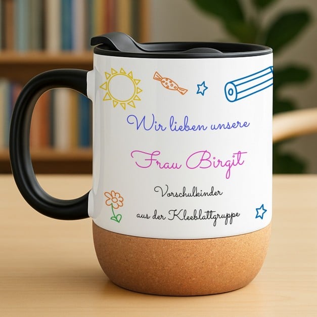 Kaffeebecher mit Aufdruck Weiß/Glänzend mit Korkboden für eine Erzieherin zum Schuljahresende