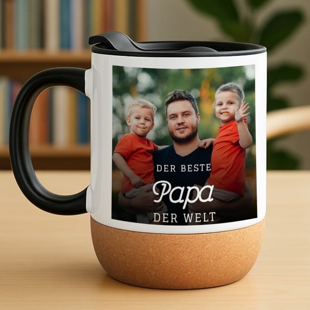 Kaffeebecher mit Foto Weiß/Glänzend mit Korkboden für Ihren Vater zum Geburtstag